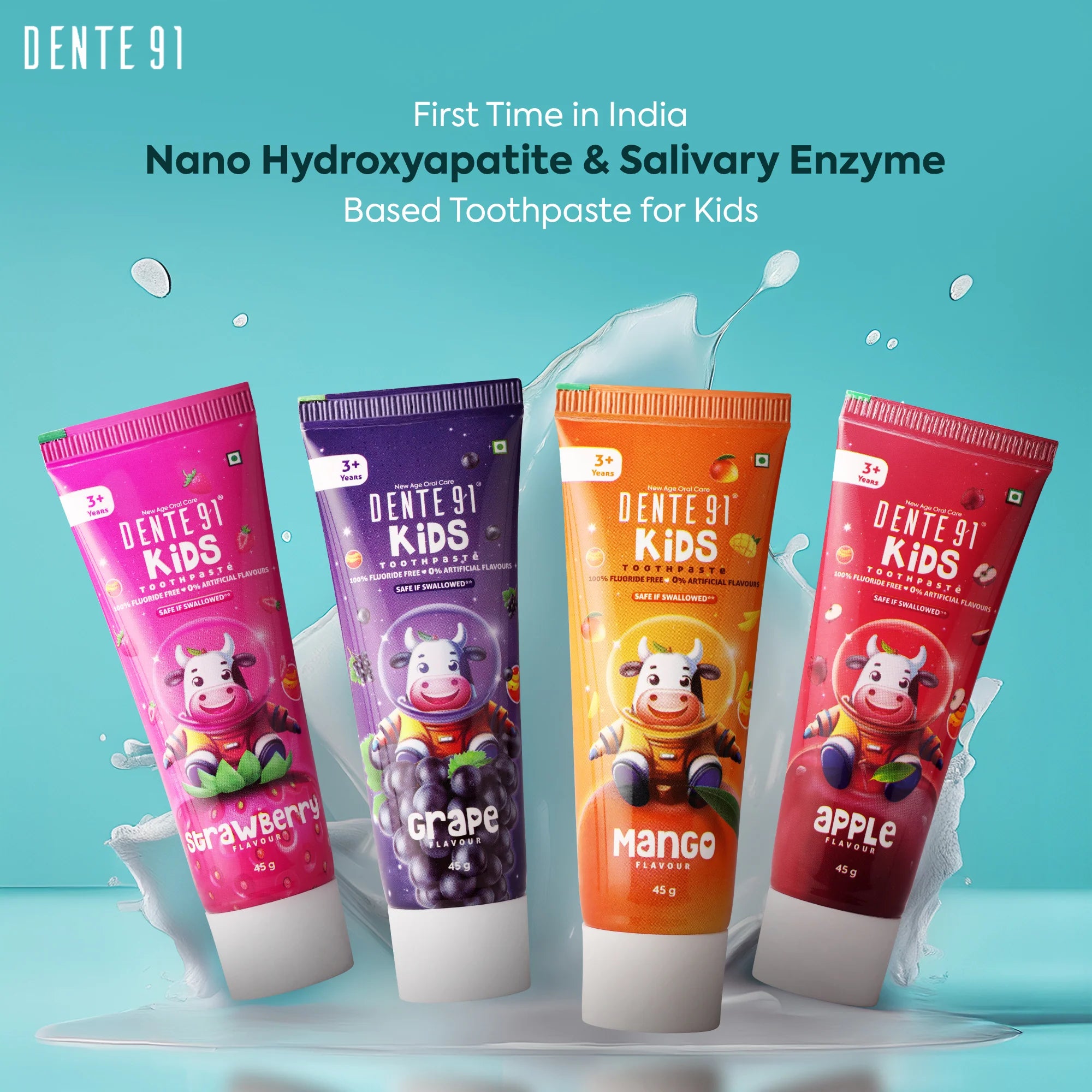 DENTE 91 KIDS PACK OF 4(GRAPE,MANGO,STRAWBERRY,APPLE) Tooth Paste 4x45g