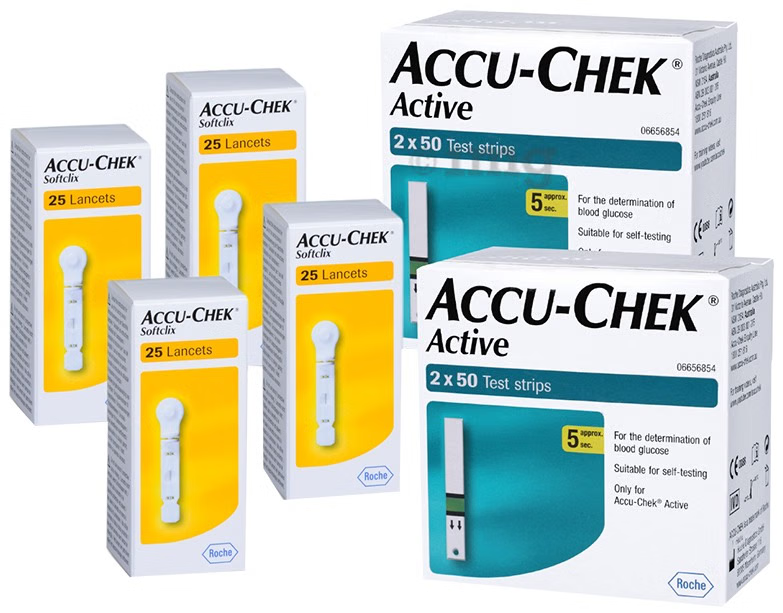 Accu-Chek Combo Pack of 2 Pack Active Test Strip (100 Each) & 4 Pack Softclix Lancet (25 Each)