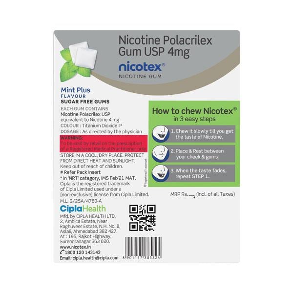 NICOTEX MINT PLUS FLAVOUR SUGAR FREE GUMS 4mg Tablet 12's