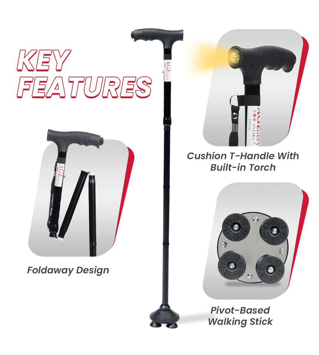 AGEasy Pivot Walking Stick with Torch (Black)