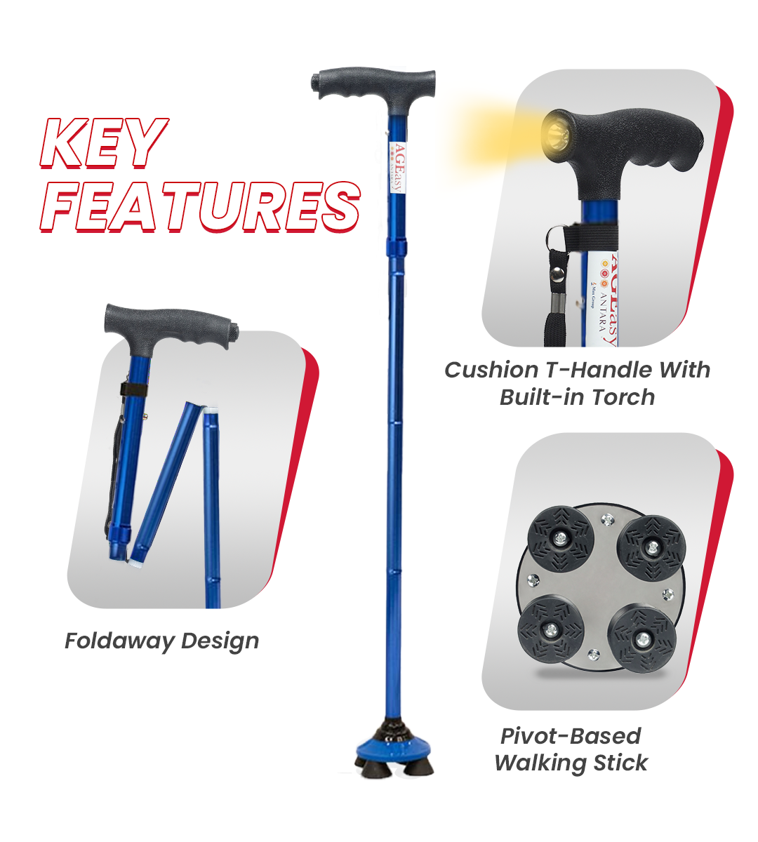 AGEasy Pivot Walking Stick with Torch (Blue)