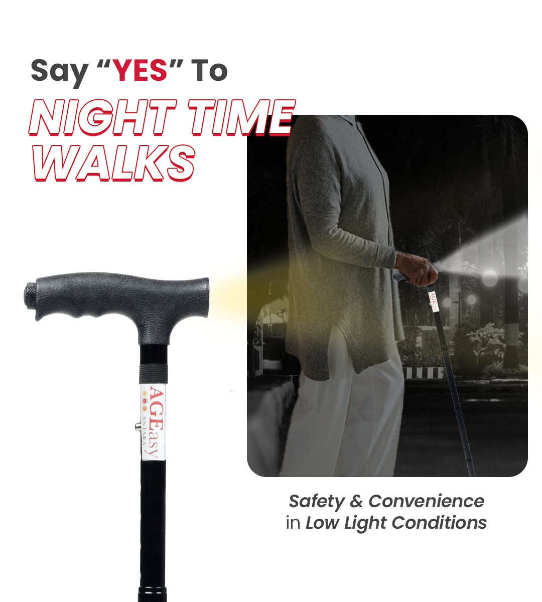 AGEasy Pivot Walking Stick with Torch (Black)