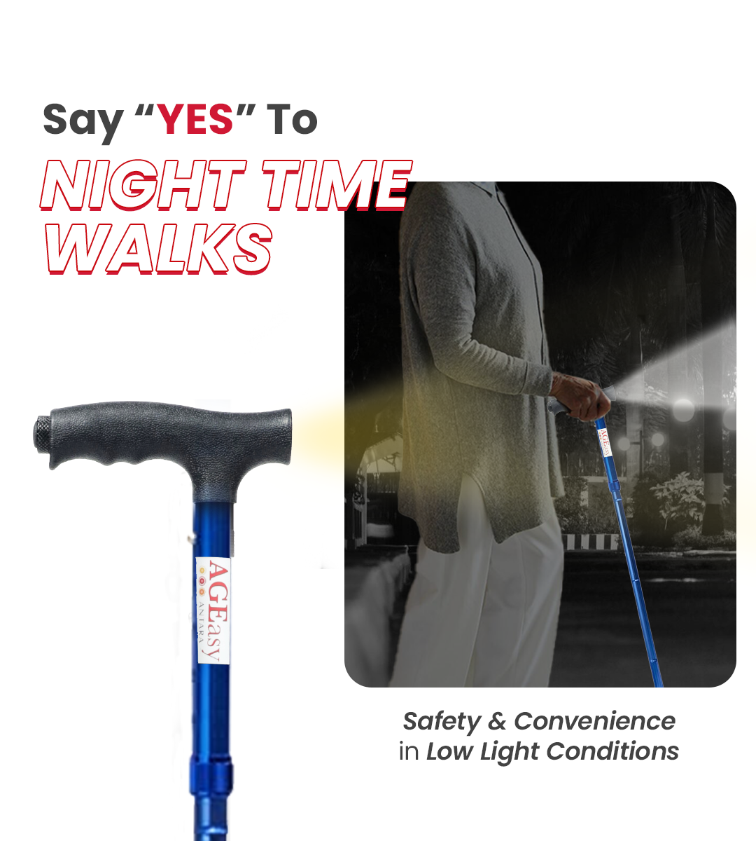 AGEasy Pivot Walking Stick with Torch (Blue)