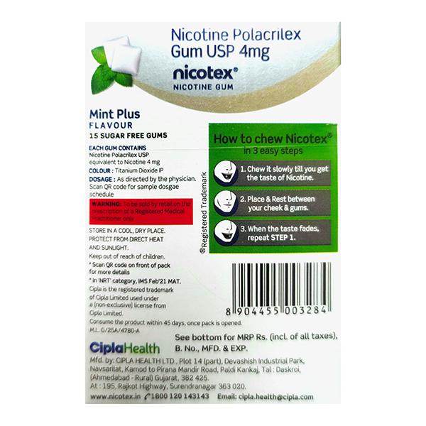 NICOTEX 4MG SUGAR FREE MINT PLUS FLAVOUR Gum 15's