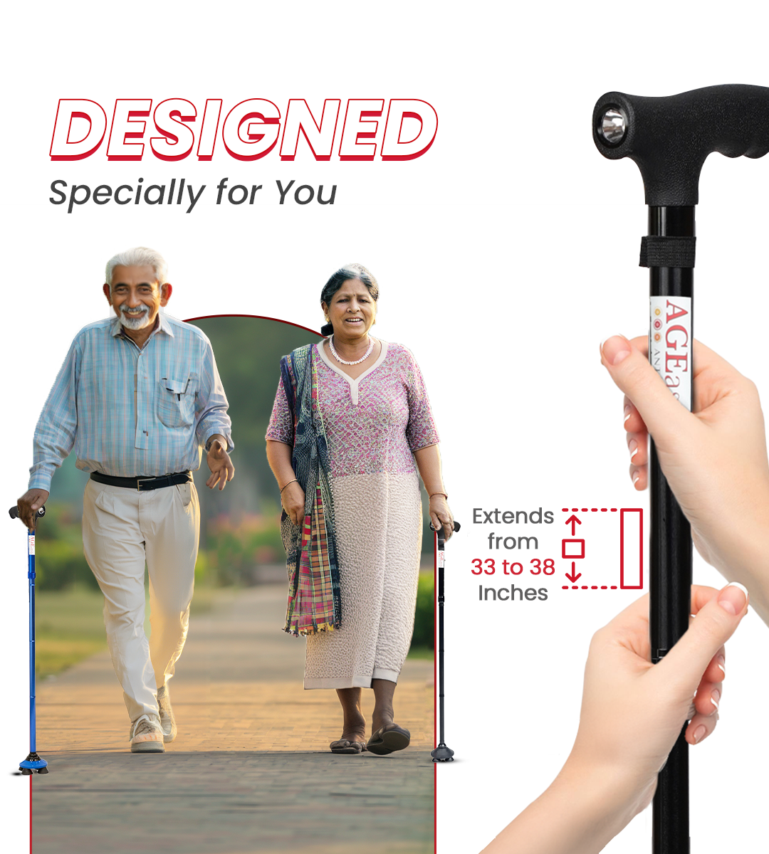 AGEasy Pivot Walking Stick with Torch (Black)