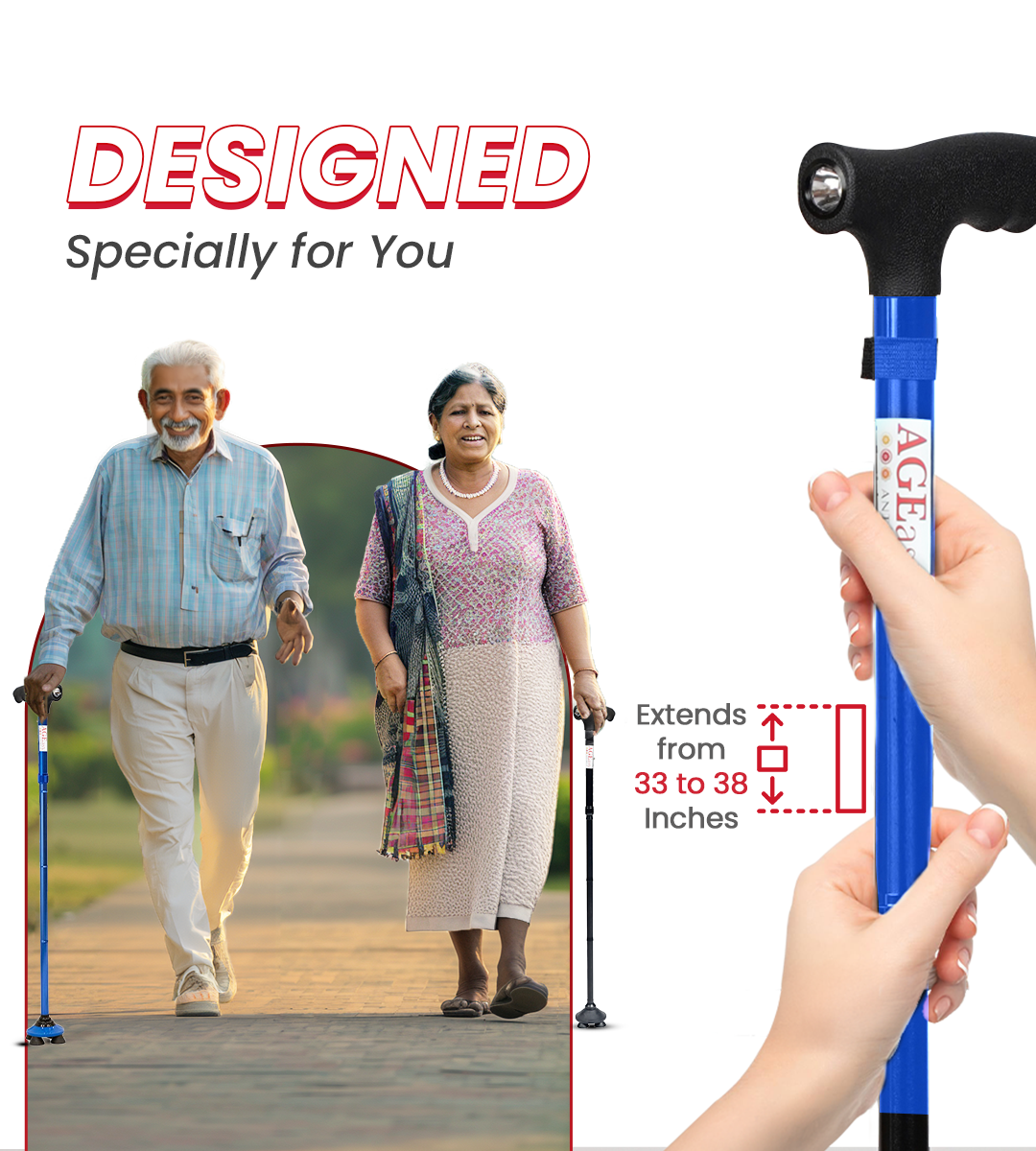 AGEasy Pivot Walking Stick with Torch (Blue)