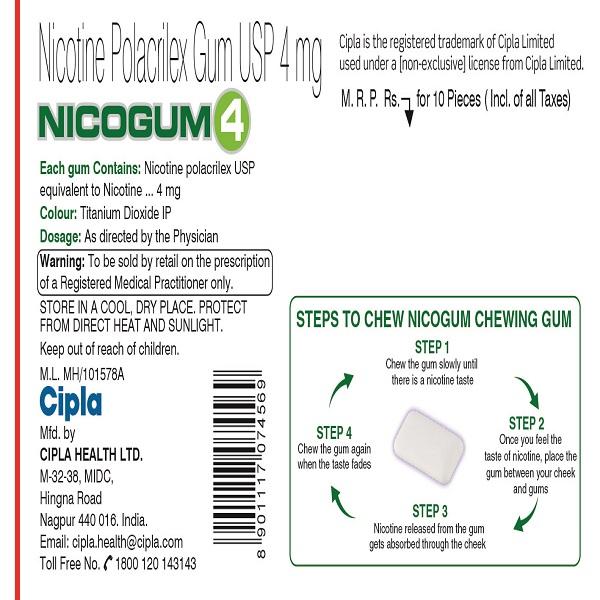 Nicogum 4 Sugar Free Freshmint Flavoured Chew Gum 10's