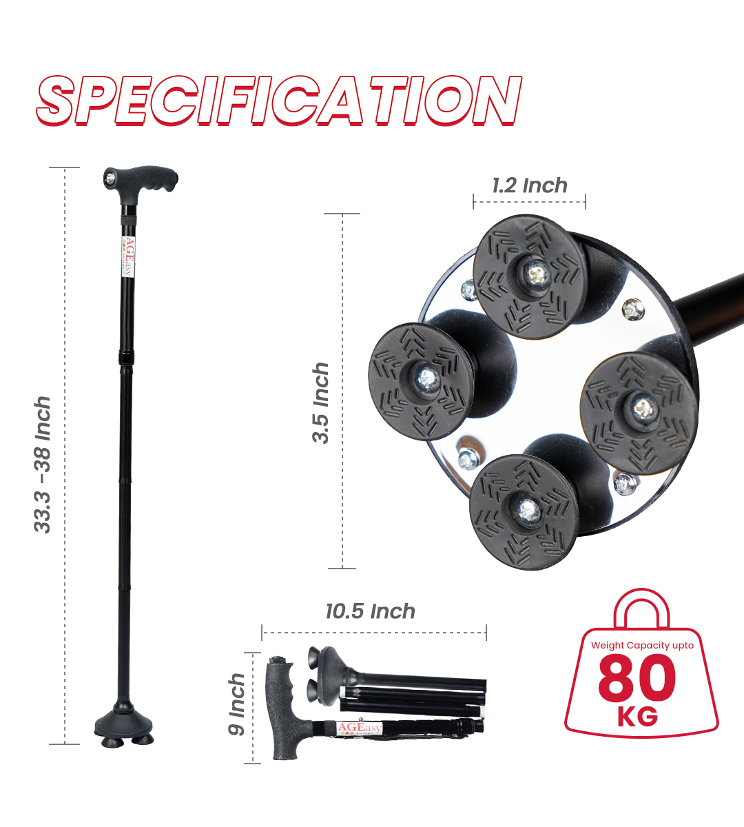 AGEasy Pivot Walking Stick with Torch (Black)