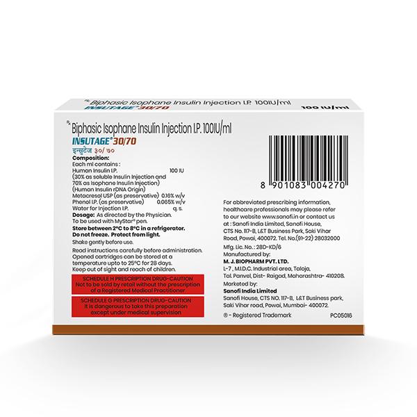 INSUTAGE 30/70 100iu Cartridge 5x3ml