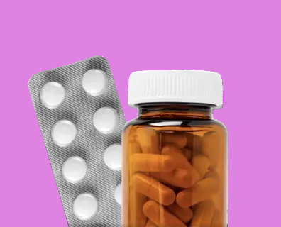 Amber glass bottle with white cap and gray and white round packaging on a white background
