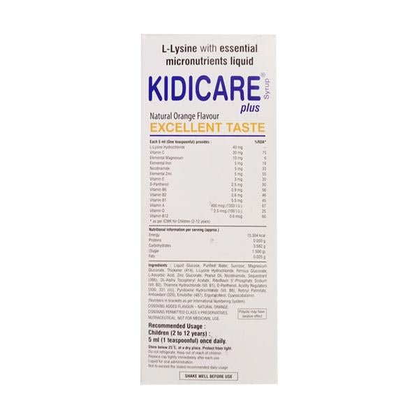 KIDICARE PLUS NATURAL ORANGE FLAVOUR Syrup 200ml