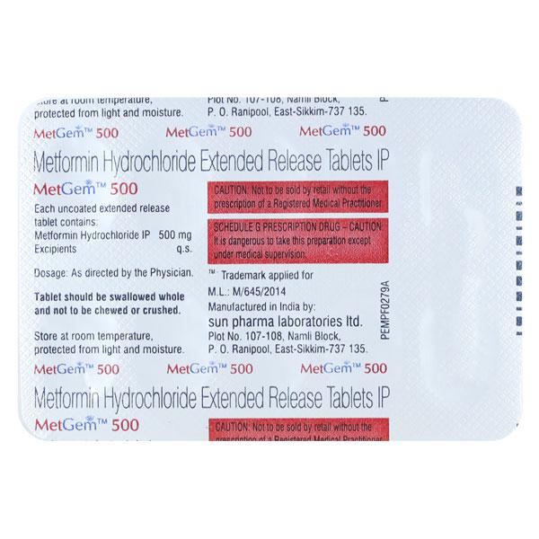 Metgem 500mg Tablet 10'S