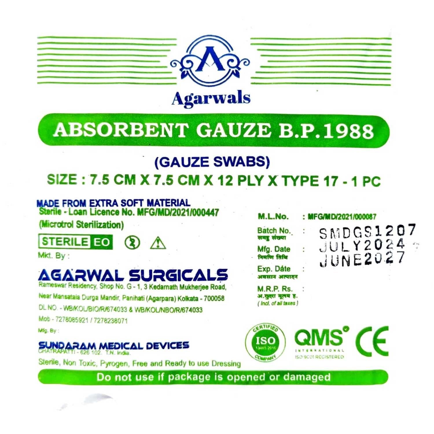 Agarwals Absorbent Gauze Swab Sterile Single Pack - Global Surgicals