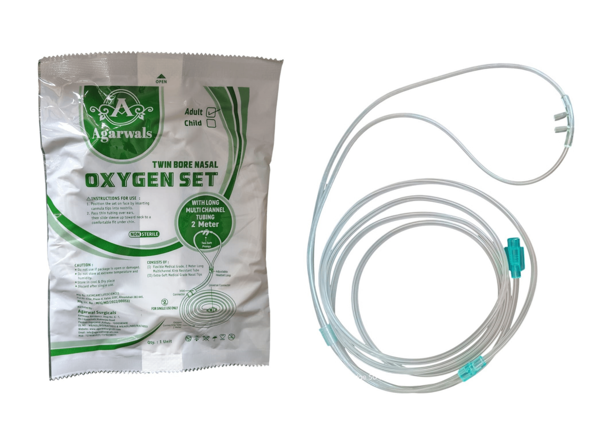 Agarwals Oxygen Nasal Cannula Oxy Set Adult With 2 Meter Long Tube - Global Surgicals