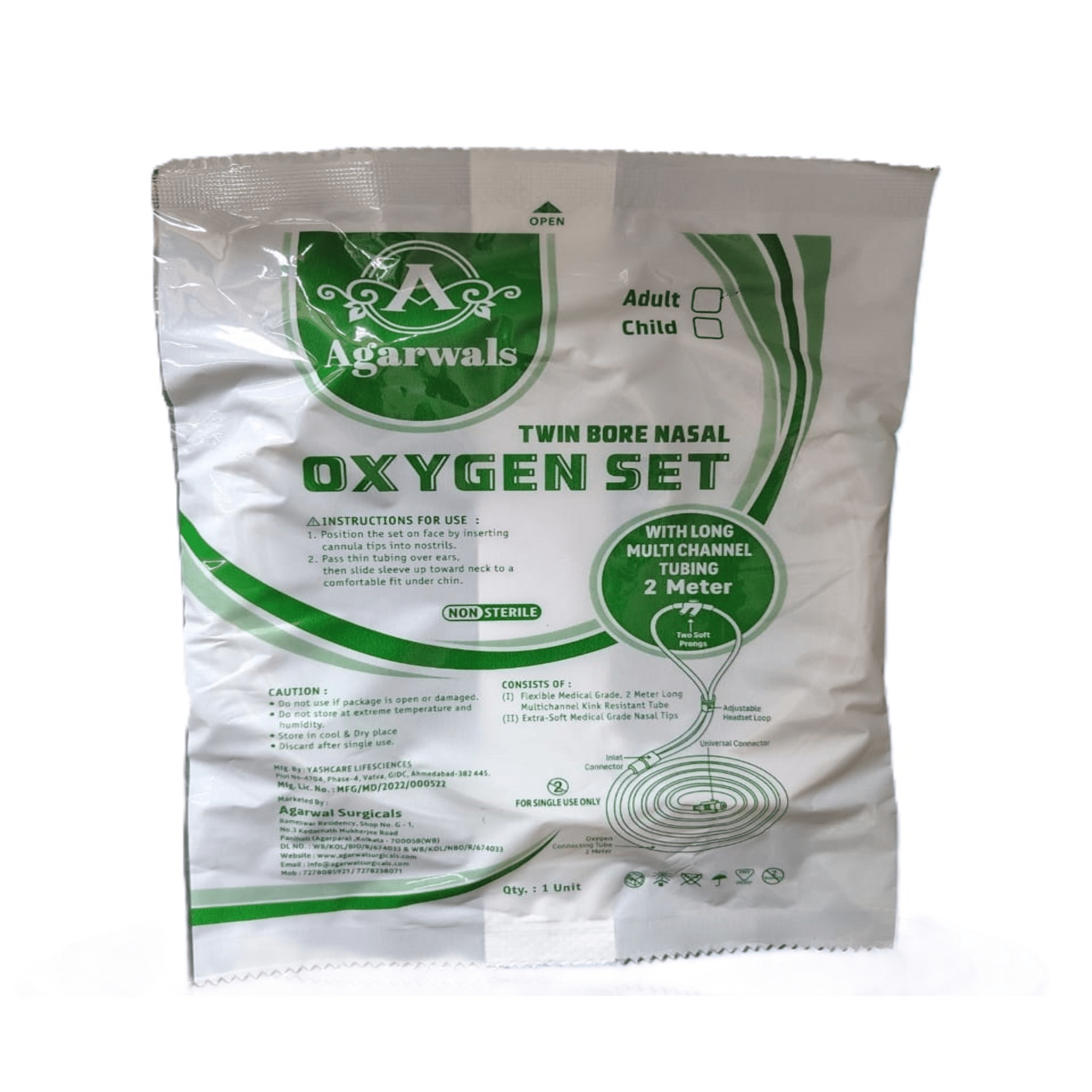 Agarwals Oxygen Nasal Cannula Oxy Set Child With 2 Meter Long Tube - Global Surgicals