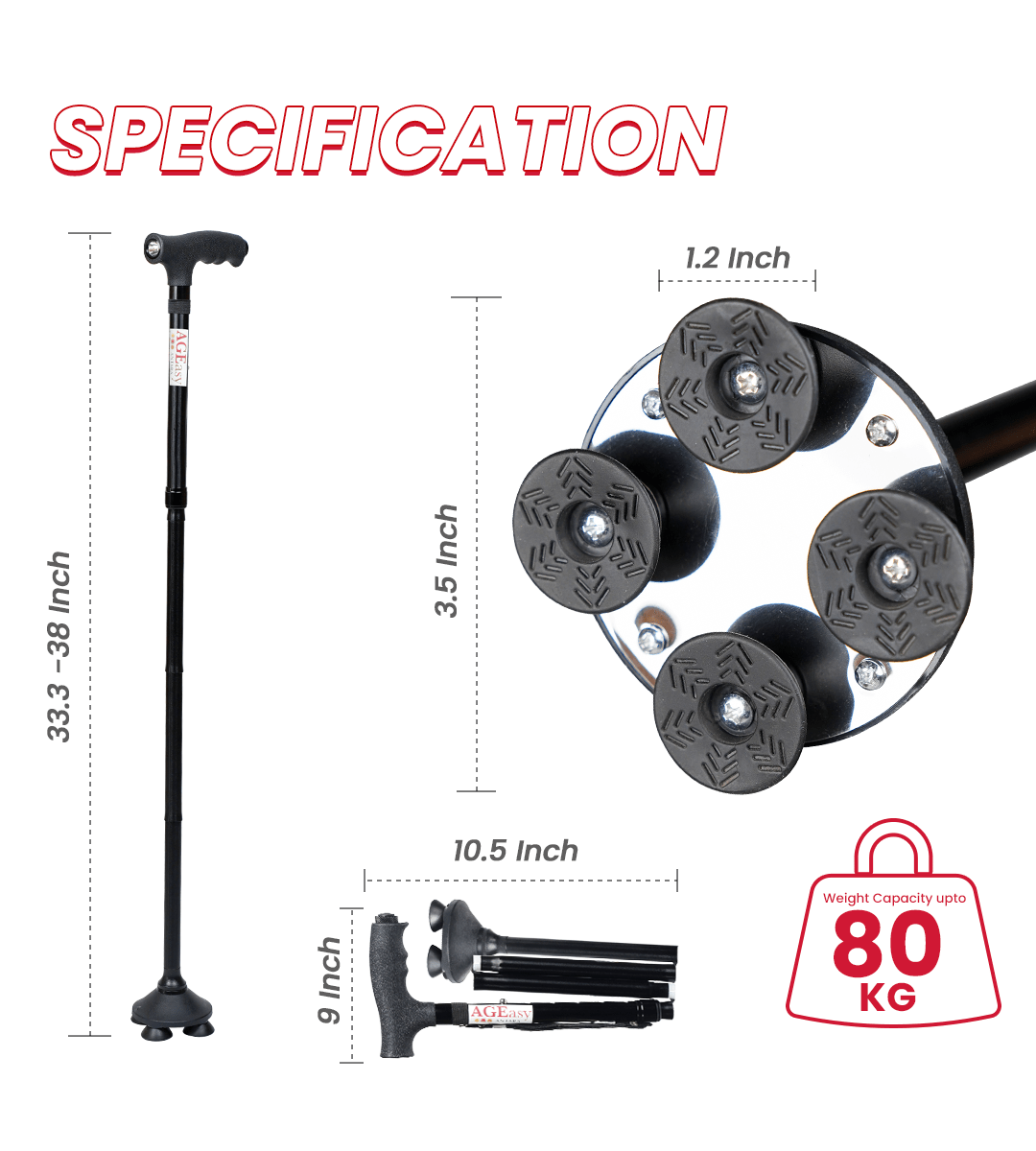 AGEasy Pivot Walking Stick with Torch (Black) - Global Surgicals