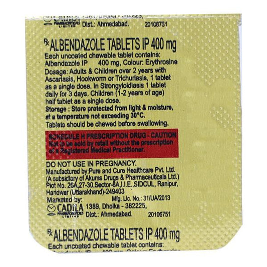 ALBENDAZOLE (CADILA) 400mg Tablet 1's - Global Surgicals
