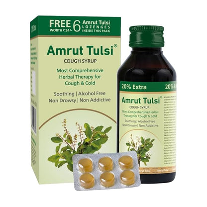 Amrut Tulsi Cough Syrup (120ml) – Comprehensive Herbal Therapy for Dry & Wet Cough, Cold, and Throat Irritation | Pack of 1 - Global Surgicals