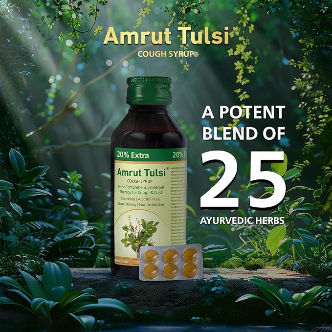 Amrut Tulsi Cough Syrup (120ml) – Comprehensive Herbal Therapy for Dry & Wet Cough, Cold, and Throat Irritation | Pack of 1 - Global Surgicals