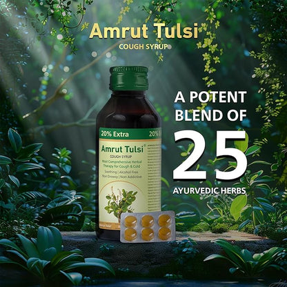 Amrut Tulsi Cough Syrup (120ml) – Comprehensive Herbal Therapy for Dry & Wet Cough, Cold, and Throat Irritation | Pack of 1 - Global Surgicals