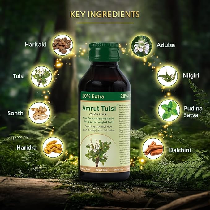 Amrut Tulsi Cough Syrup (120ml) – Comprehensive Herbal Therapy for Dry & Wet Cough, Cold, and Throat Irritation | Pack of 1 - Global Surgicals