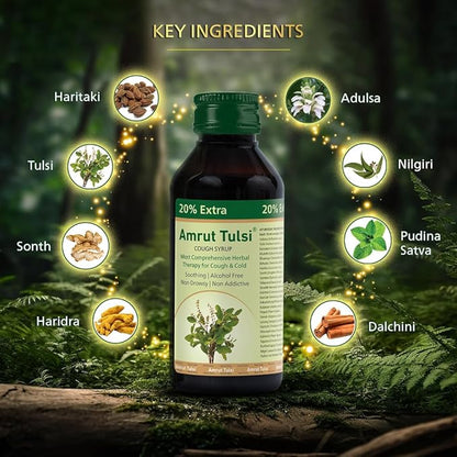 Amrut Tulsi Cough Syrup (120ml) – Comprehensive Herbal Therapy for Dry & Wet Cough, Cold, and Throat Irritation | Pack of 1 - Global Surgicals