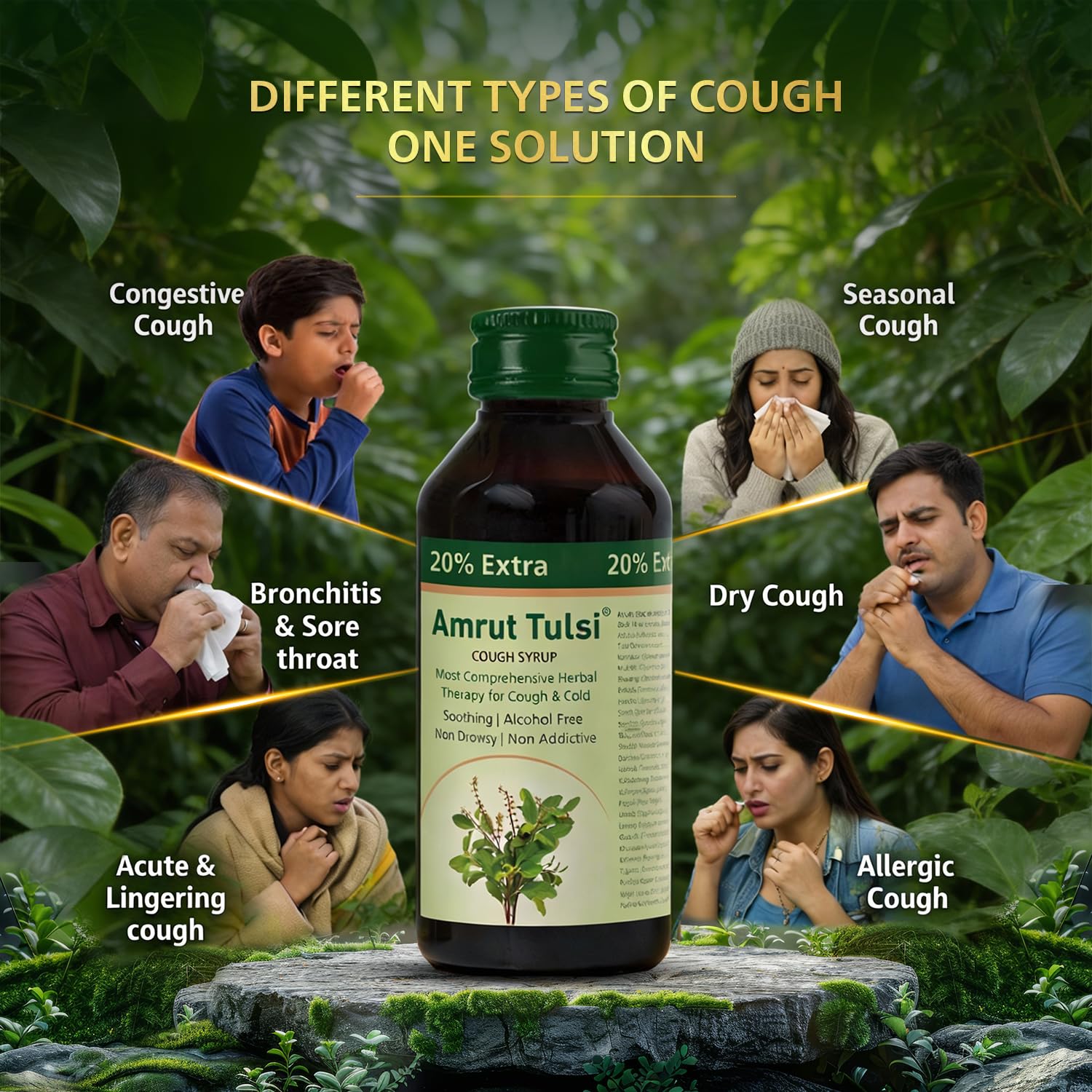 Amrut Tulsi Cough Syrup (120ml) – Comprehensive Herbal Therapy for Dry & Wet Cough, Cold, and Throat Irritation | Pack of 1