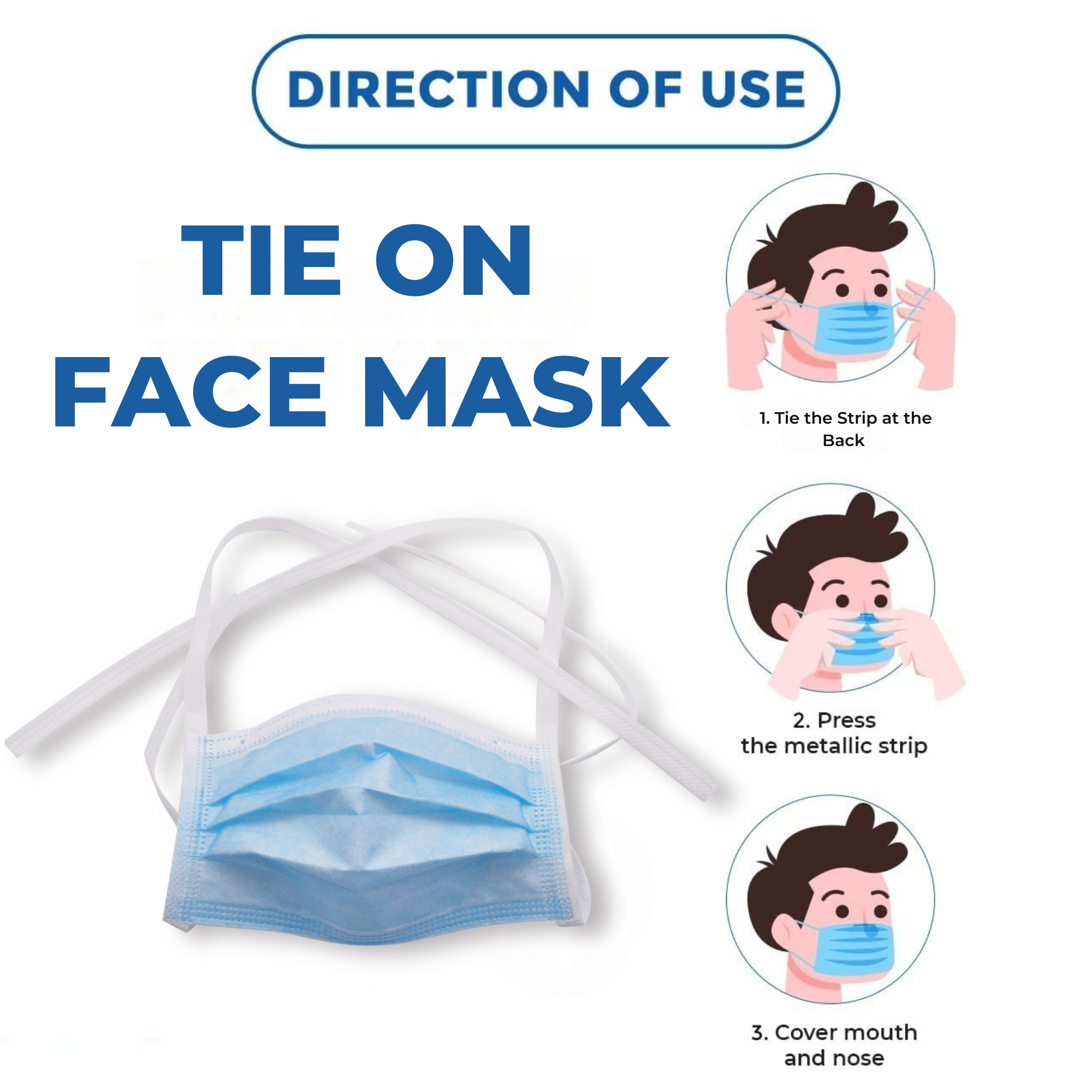 C - Cure 3 Ply Doctors Mask with Meltblown Filter layer and 4 Tying Strap Tie On Face Mask - Global Surgicals