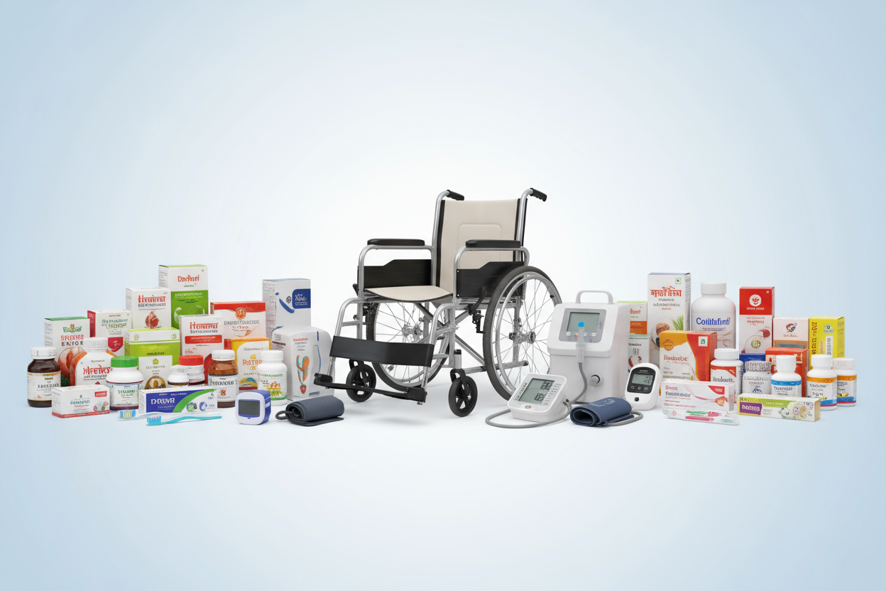 create a landing image fo rpharmacy store show medicine and equipments like bp and wheel chanir dont add any store name etc just lkeep medicine and feel indian add suppliments too