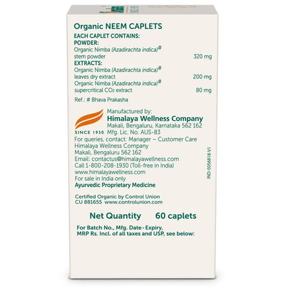 Himalaya Organic Neem, 60 Caplets I For Skin & Body Detox I Reduced Acne Severity Scores by 45%* I Supports Healthy, Clear & Radiant Skin I 60 Veg Caplets
