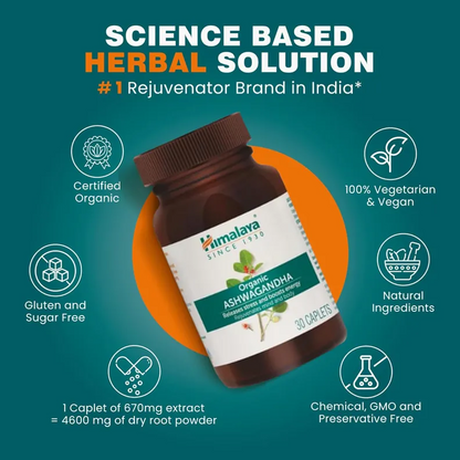 Himalaya Organic Ashwagandha, 60 Caplets |Helps Release Stress | Rejuvenates Mind And Body | General Wellness