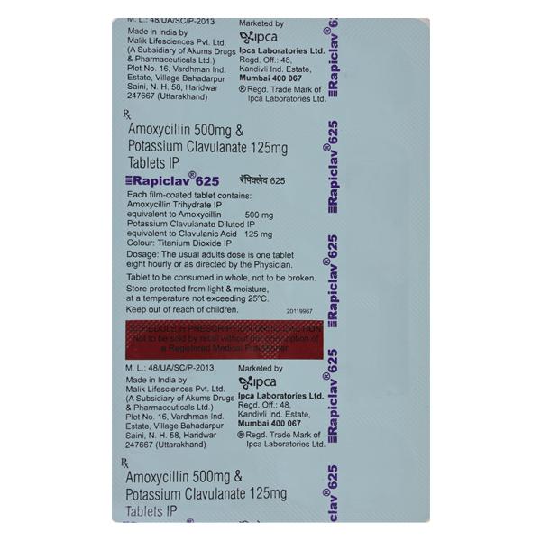 Rapiclav 625mg Tablet 10'S