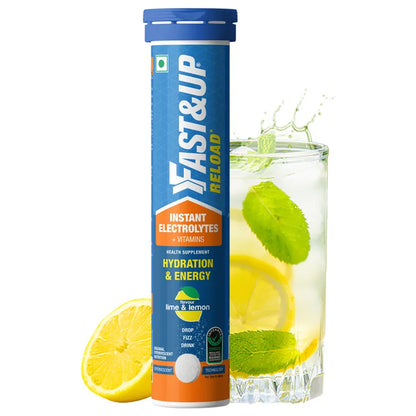 Fast&Up Reload Low Sugar energy drink for Instant Hydration Lime & Lemon flavour - 20 Effervescent Tablets | With all 5 Essential Electrolytes + Added Vitamins