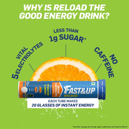 Fast&Up Reload Low Sugar energy drink for Instant Hydration Lime & Lemon flavour - 20 Effervescent Tablets | With all 5 Essential Electrolytes + Added Vitamins