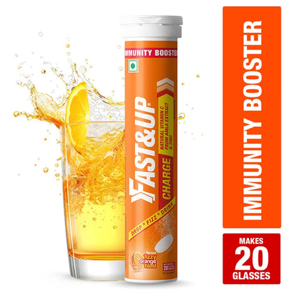 Fast&Up Charge Natural Vitamin C Orange Flavour - 20 Effervescent Tablets, Amla Extract + Zinc for Daily Immunity | Helps to boost & Strengthens Collagen for Healthy Skin, Hair & Nails
