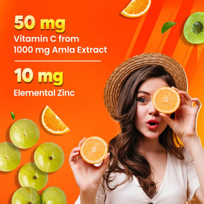 Fast&Up Charge Natural Vitamin C Orange Flavour - 20 Effervescent Tablets, Amla Extract + Zinc for Daily Immunity | Helps to boost & Strengthens Collagen for Healthy Skin, Hair & Nails