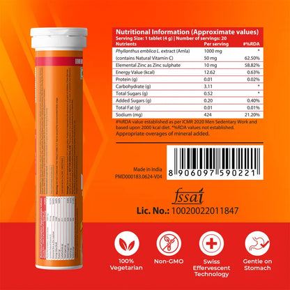 Fast&Up Charge Natural Vitamin C Orange Flavour - 20 Effervescent Tablets, Amla Extract + Zinc for Daily Immunity | Helps to boost & Strengthens Collagen for Healthy Skin, Hair & Nails