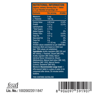 Fast&Up Melatonin with 5 mg Melatonin + 100 mg L-Theanine Strawberry Flavor, 20 Effervescent tablets | Helps fall asleep faster & Wake up refreshed | Fast Acting, 100% Natural, Non-Addictive