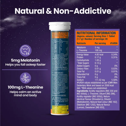 Fast&Up Melatonin with 5 mg Melatonin + 100 mg L-Theanine Strawberry Flavor, 20 Effervescent tablets | Helps fall asleep faster & Wake up refreshed | Fast Acting, 100% Natural, Non-Addictive