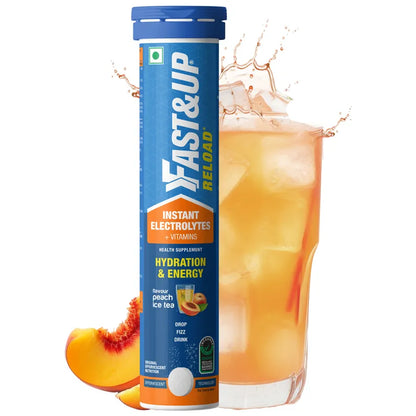 Fast&Up Reload Low Sugar energy drink for Instant Hydration Peach Ice Tea flavour - 20 Effervescent Tablets | With 5 Essential Electrolytes + Added Vitamins