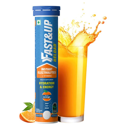 Fast&Up Reload Low Sugar energy drink for Instant Hydration Orange flavour - 20 Effervescent Tablets | With all 5 Essential Electrolytes + Added Vitamins