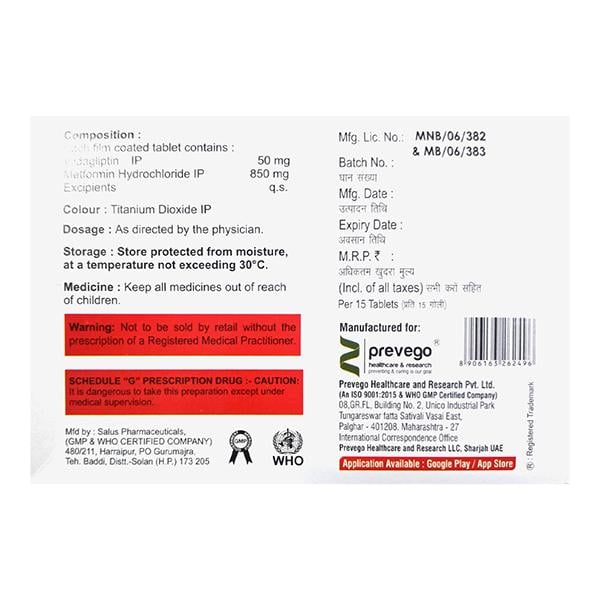 VIGLIPTIN M 50/850 Tablet 15's