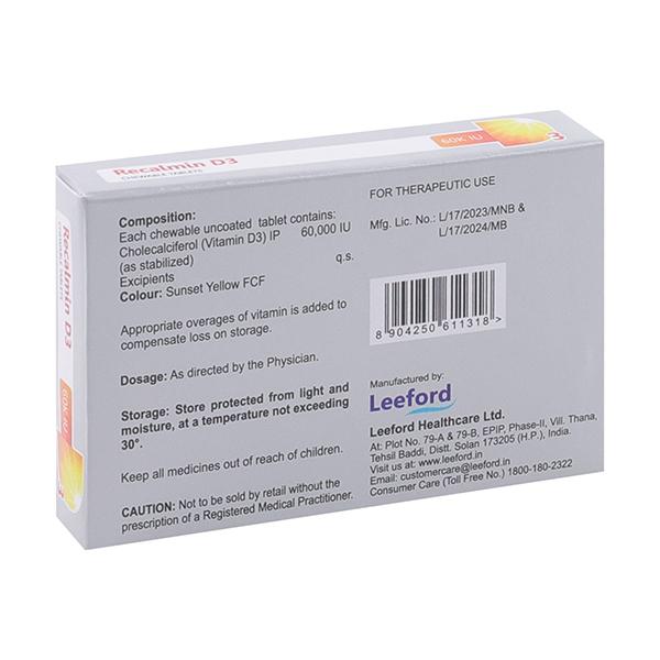 RECALMIN D3 60 K IU SUGAR FREE ORANGE FLAVOUR Chewable Tablet 4's