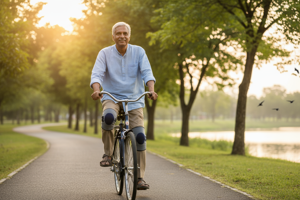 indian old man cycling with joint sleeves knee care