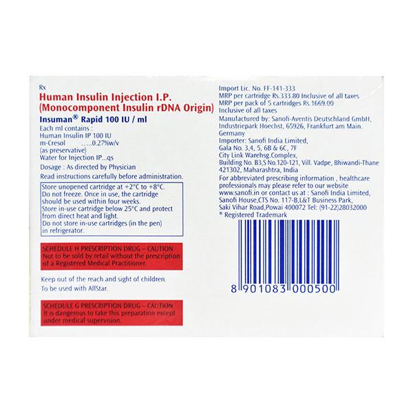 INSUMAN RAPID 100iu Cartridge 5X3ml - Global Surgicals