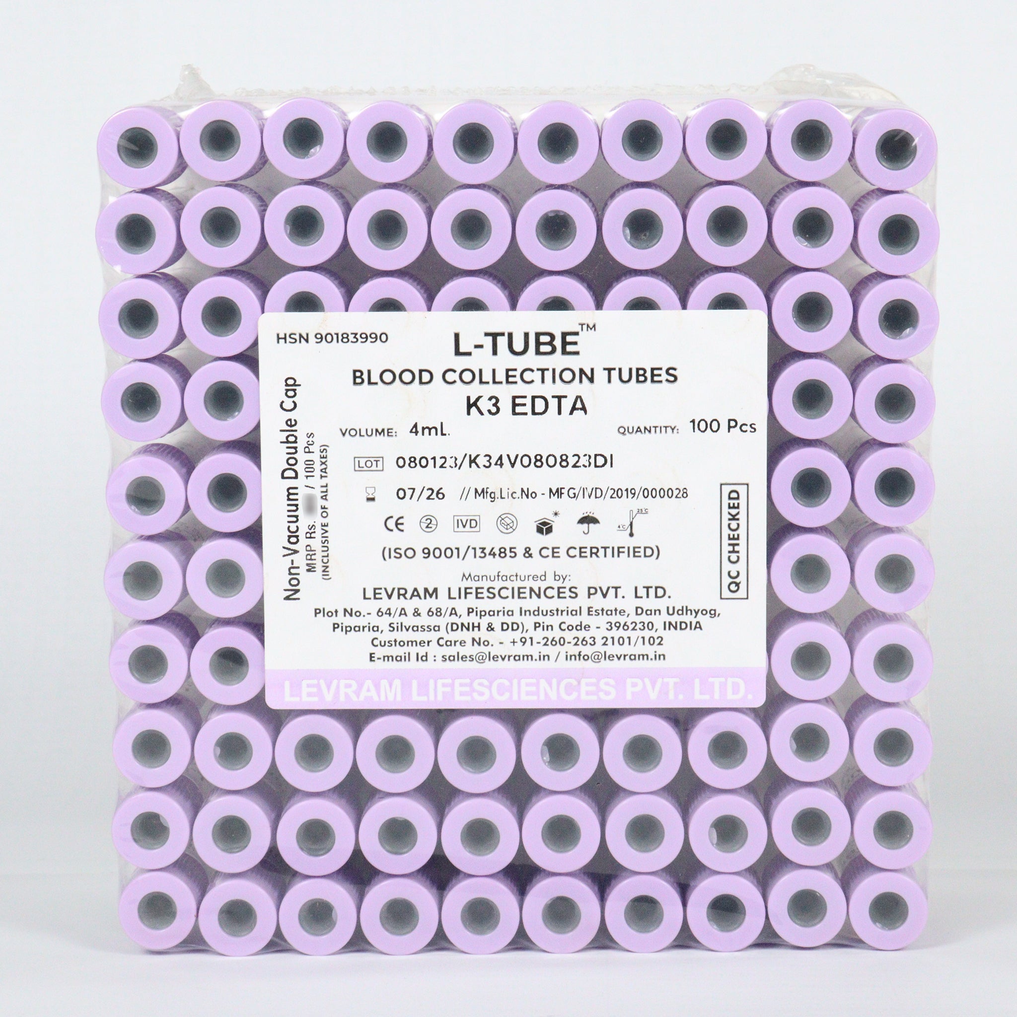 Levram K3EDTA Vacuum Blood Collection Tube - Global Surgicals