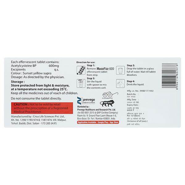 MUCOFIZZ 600 ORANGE FLAVOUR SUGAR FREE EFFERVESCENT Tablet 10's