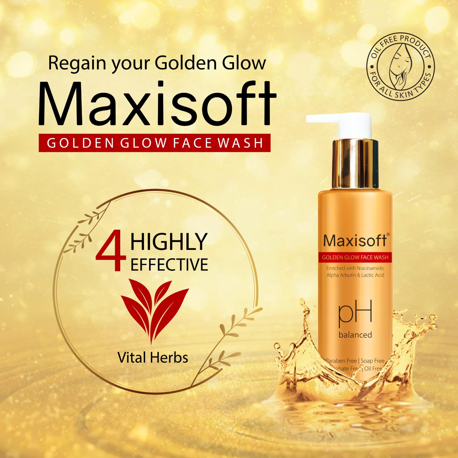 Maxisoft Golden Glow Face Wash | Nourishes & Brightens Skin |Reduces Dullness & Dark Spots |All Skin Types |For Men & Women|Paraben Free| With PH balance