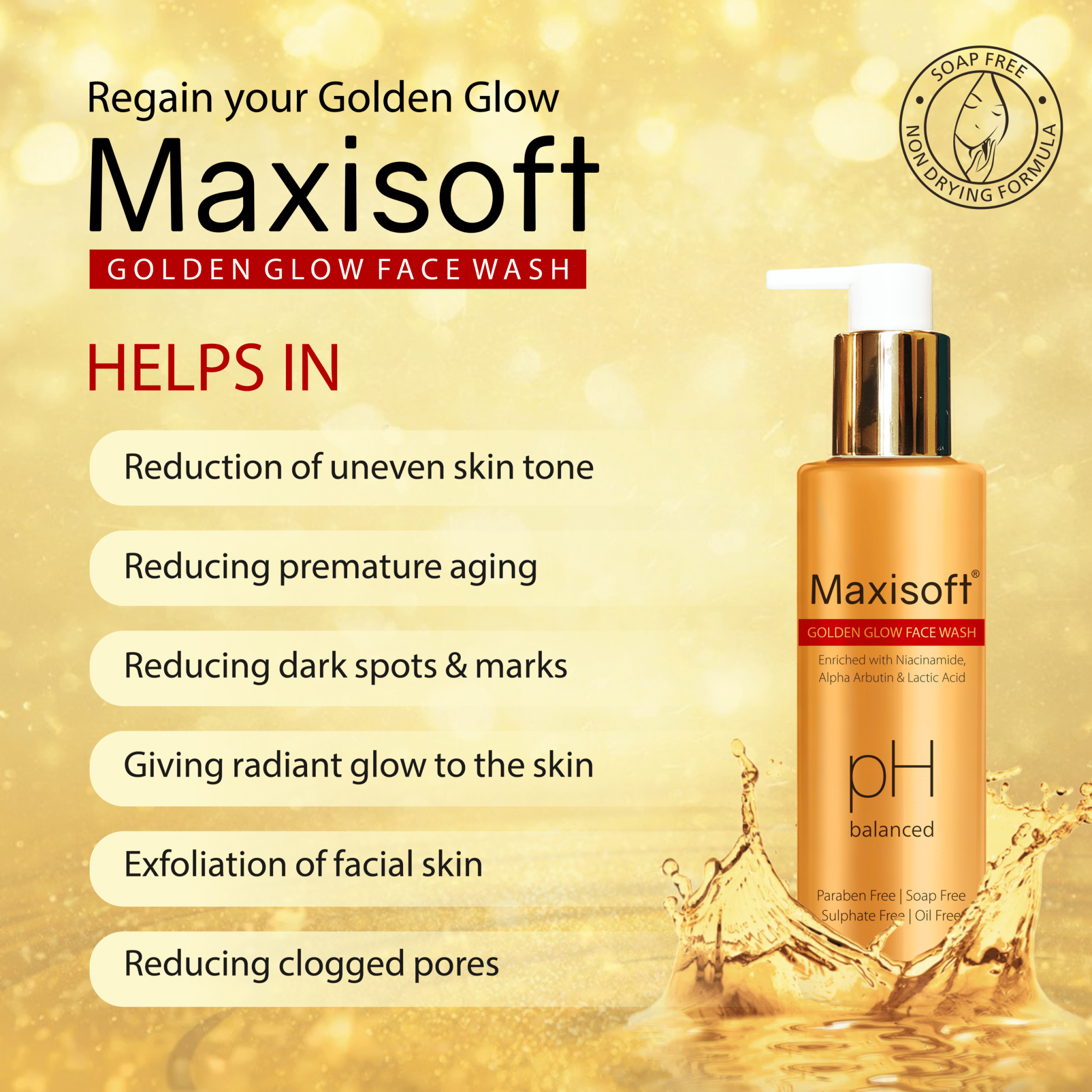 Maxisoft Golden Glow Face Wash | Nourishes & Brightens Skin |Reduces Dullness & Dark Spots |All Skin Types |For Men & Women|Paraben Free| With PH balance - Global Surgicals