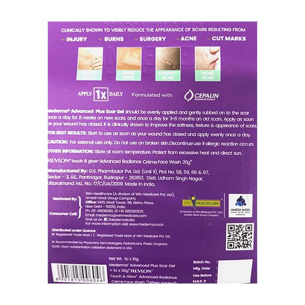 MEDERMA NEW ADVANCED PLUS SCAR (FREE REVLON TOUCH & GLOW CREME FACE WASH 20GM) Gel 10g - Global Surgicals